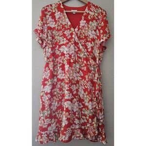 J. Jill Floral Dress Red Orange Ruffled Lined Womens Size Petite Large
